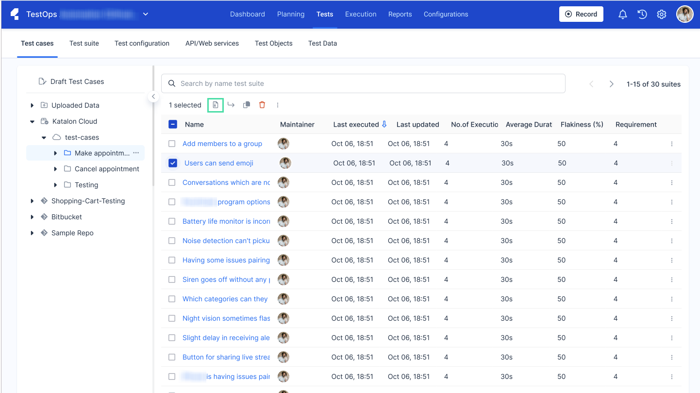 The Add to Test Suite icon in Katalon TestOps.