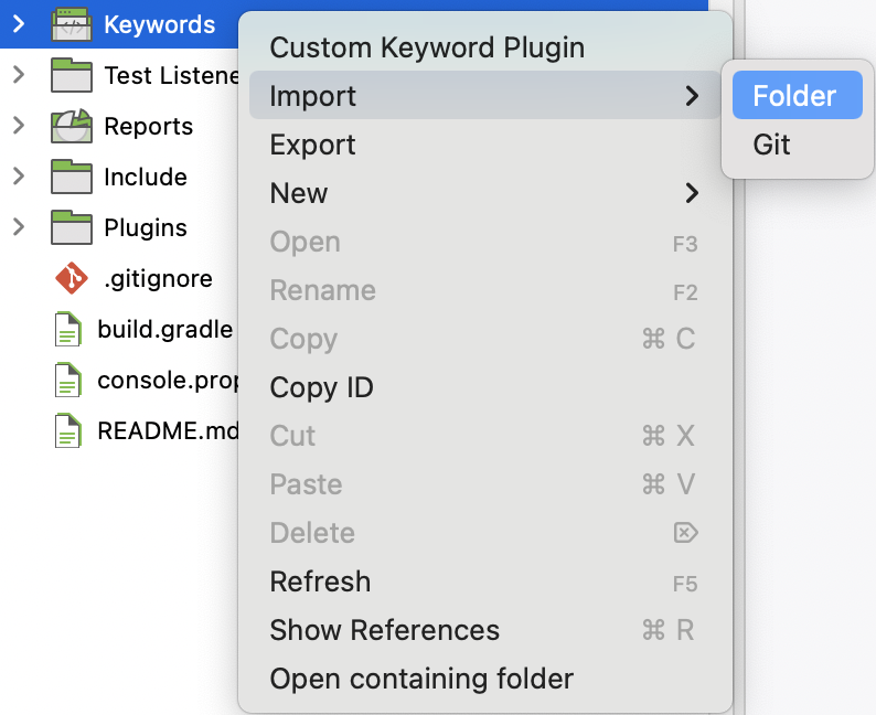 Import keywords from Test Explorer in Katalon Studio.