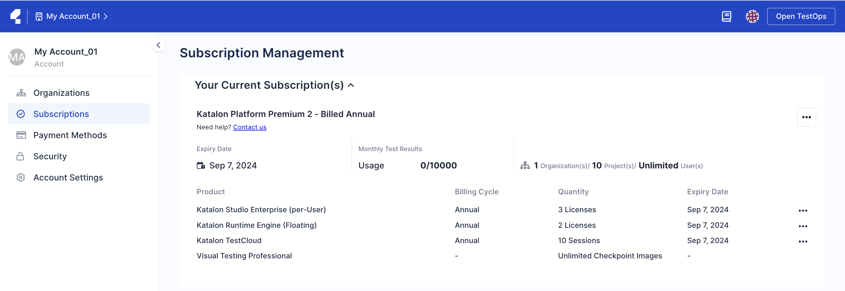 Subscription Management page