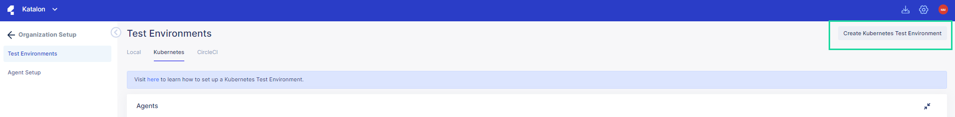 The Create Kubernetes Test Environment button at the upper right corner.