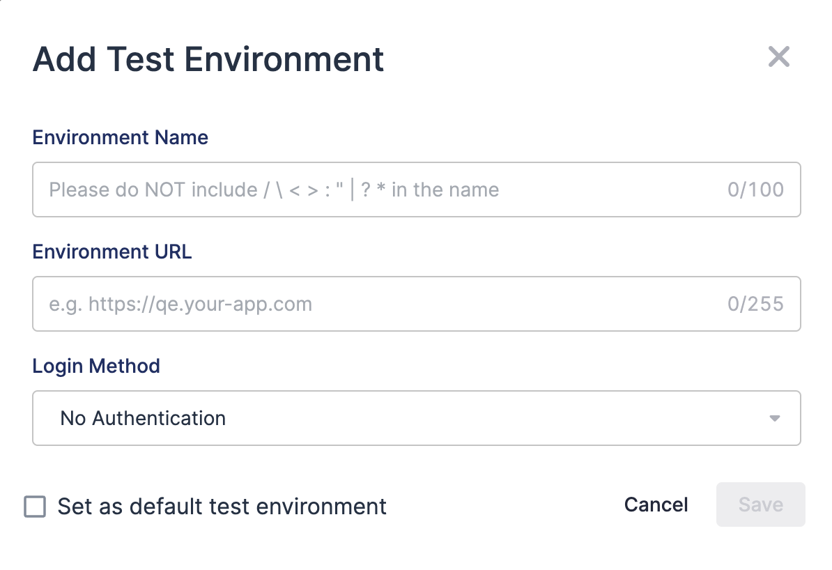 Add test environment dialog