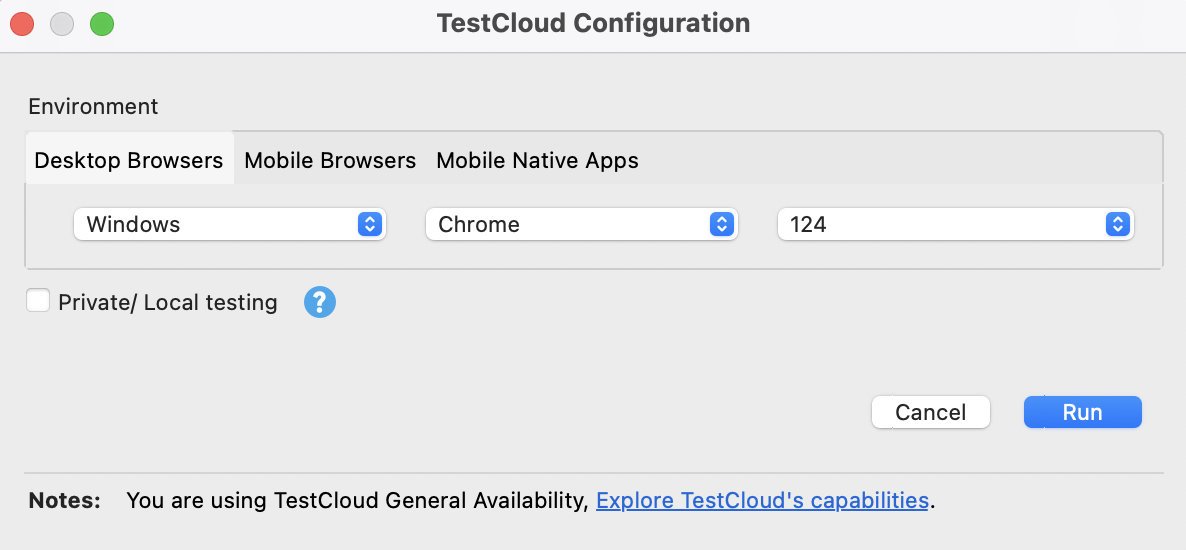 Katalon Studio - TestCloud Configuration dialog