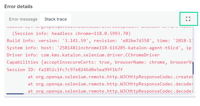 The expand button for error message and stack trace.