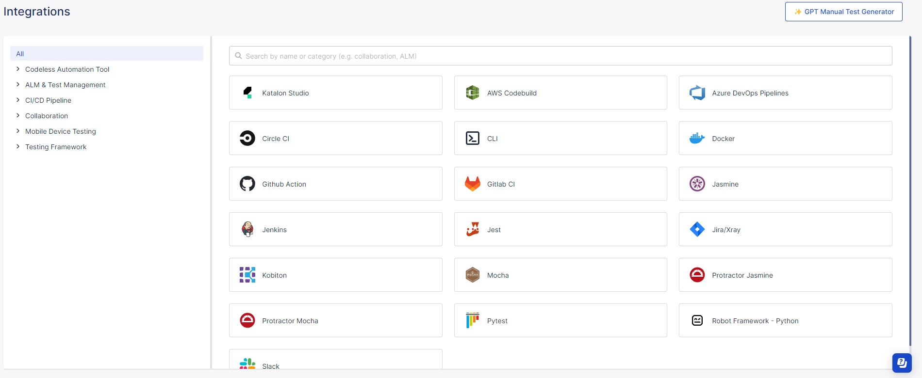 The Integrations page in Katalon TestOps.