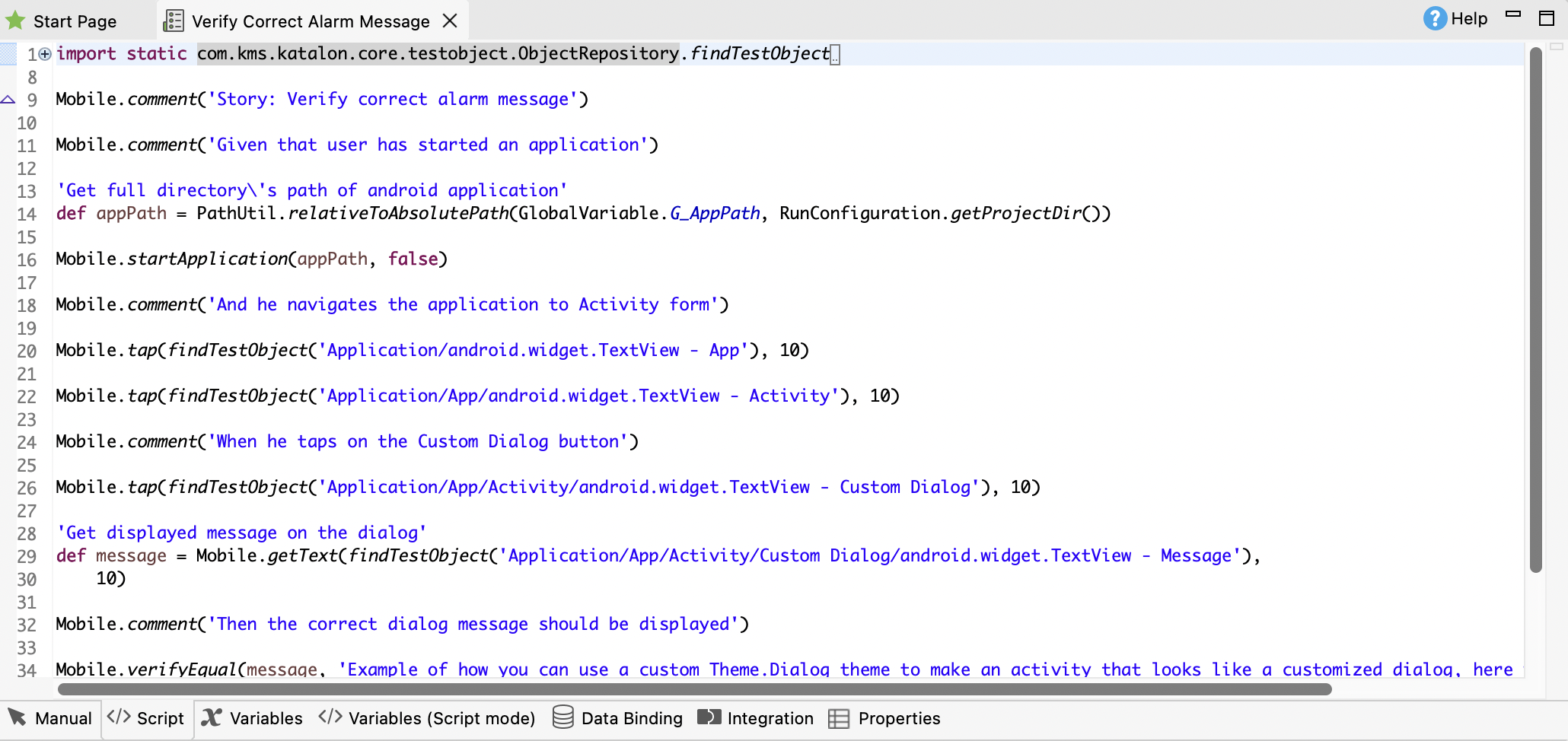 The Test Case Editor in Script view.