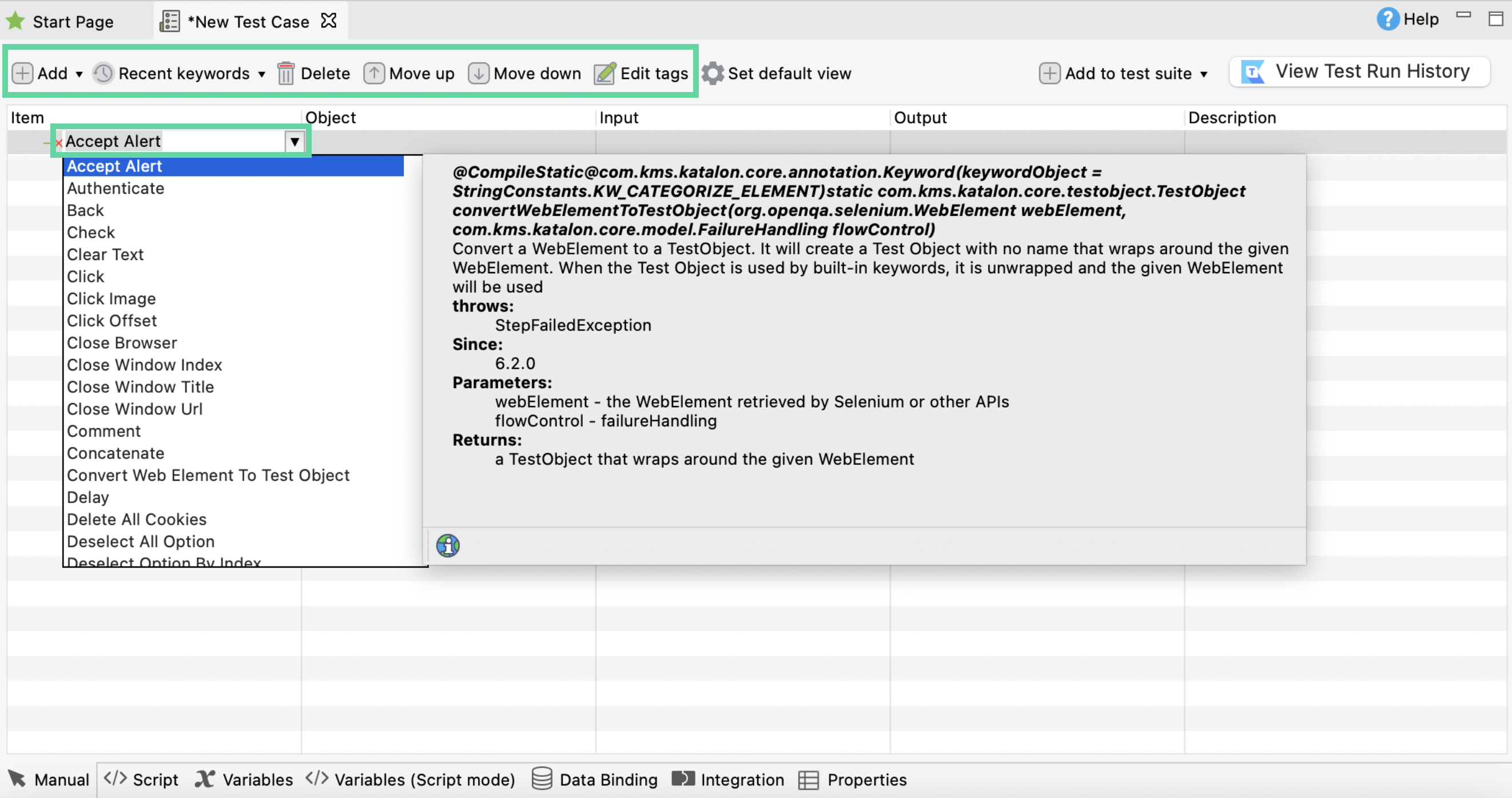 Edit test case in Test Case Editor manual view (Manual tab).