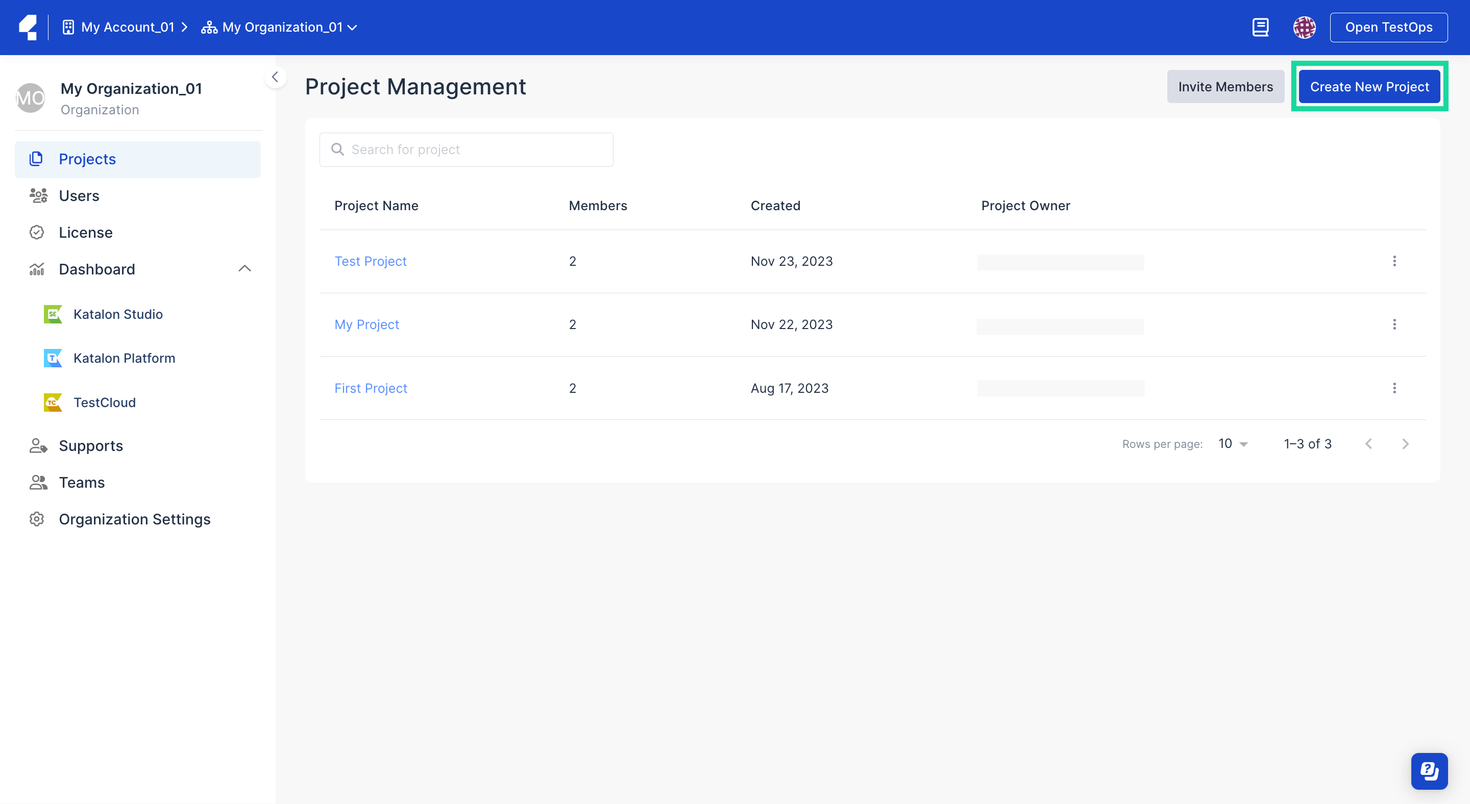 Project Management page