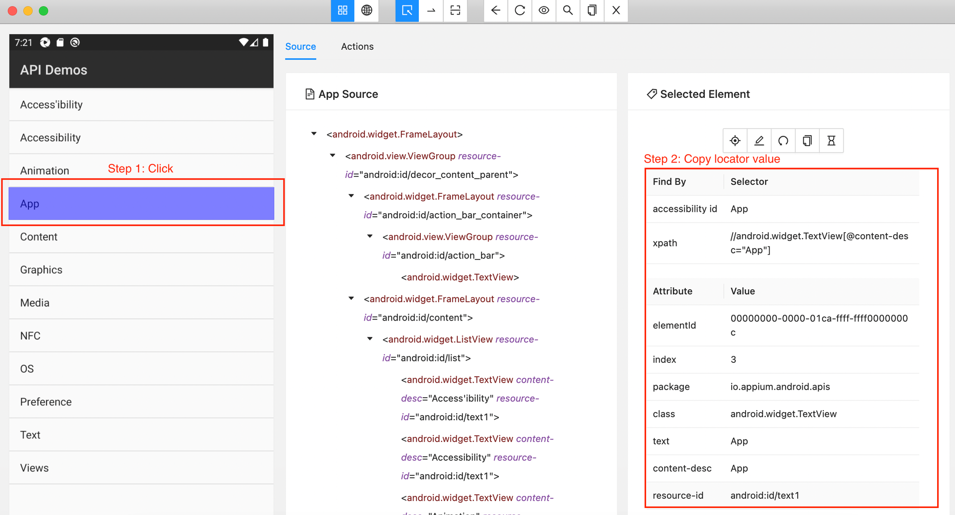 copy locator value on Appium