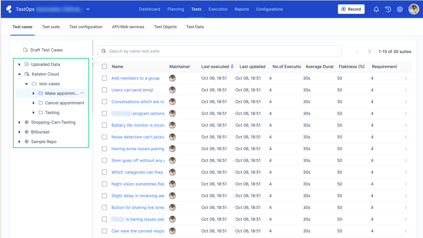 You test cases in Katalon TestOps.