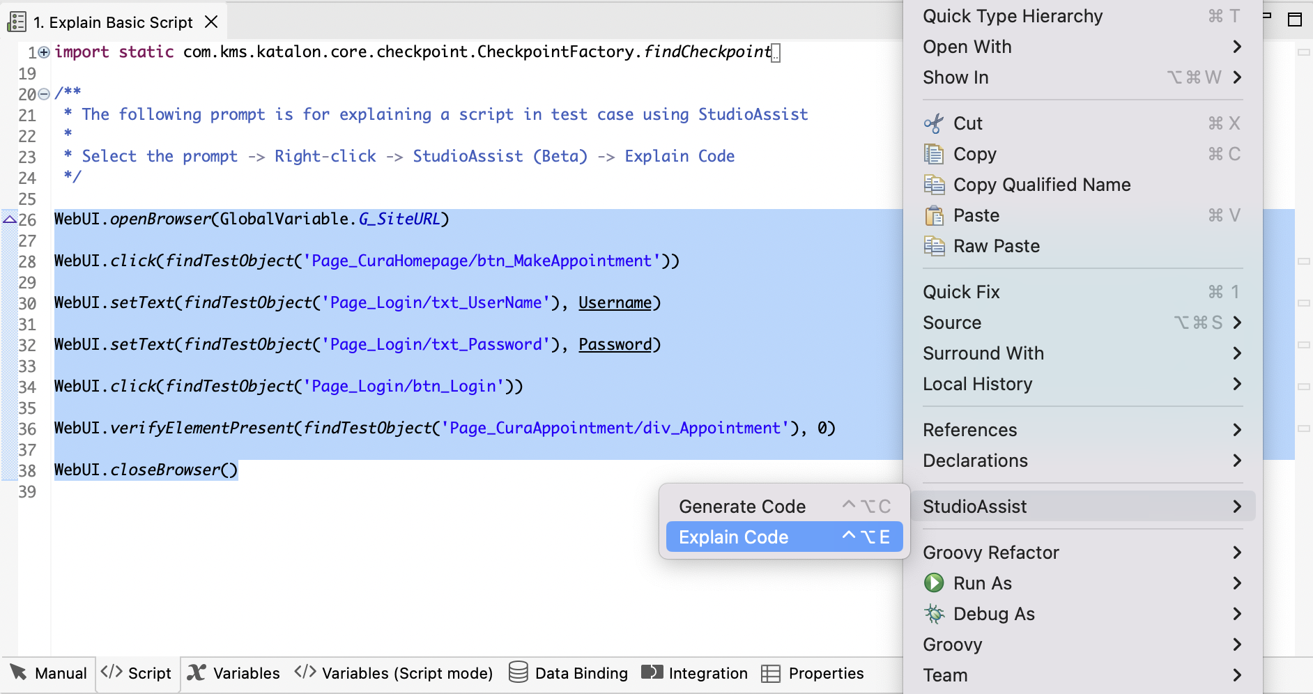 The Explain Basic Script test case