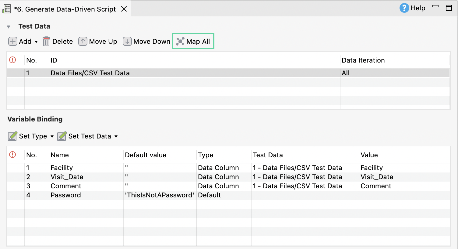 The Map All option in the Data Binding tab.