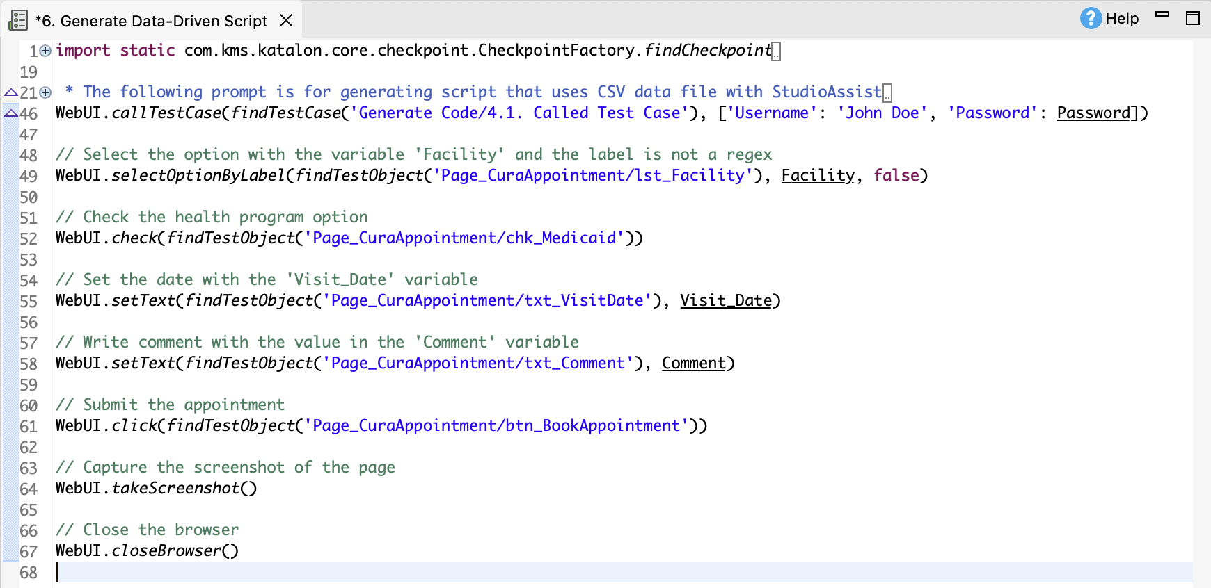 Data-driven test script generated by StudioAssist