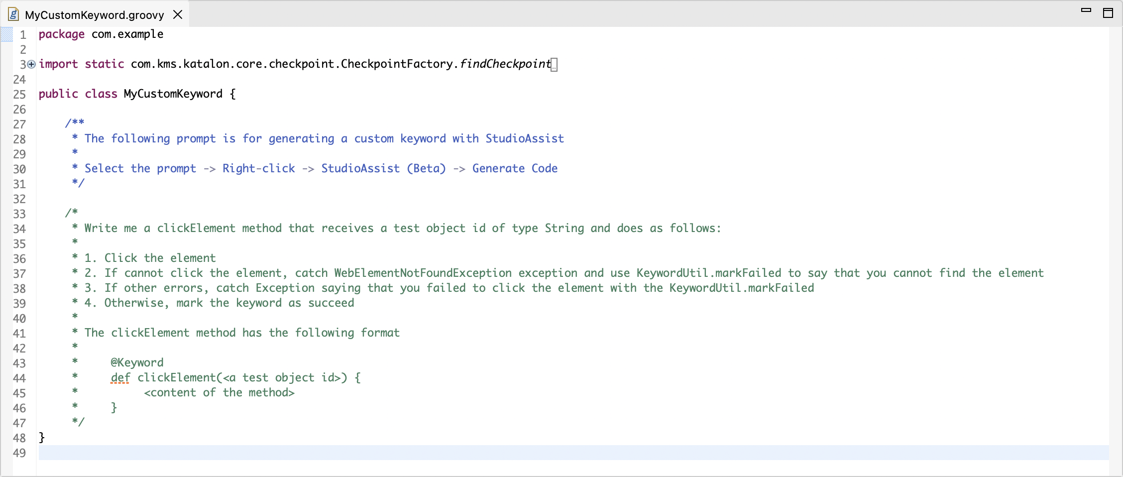 The MyCustomKeyword file in Katalon Studio