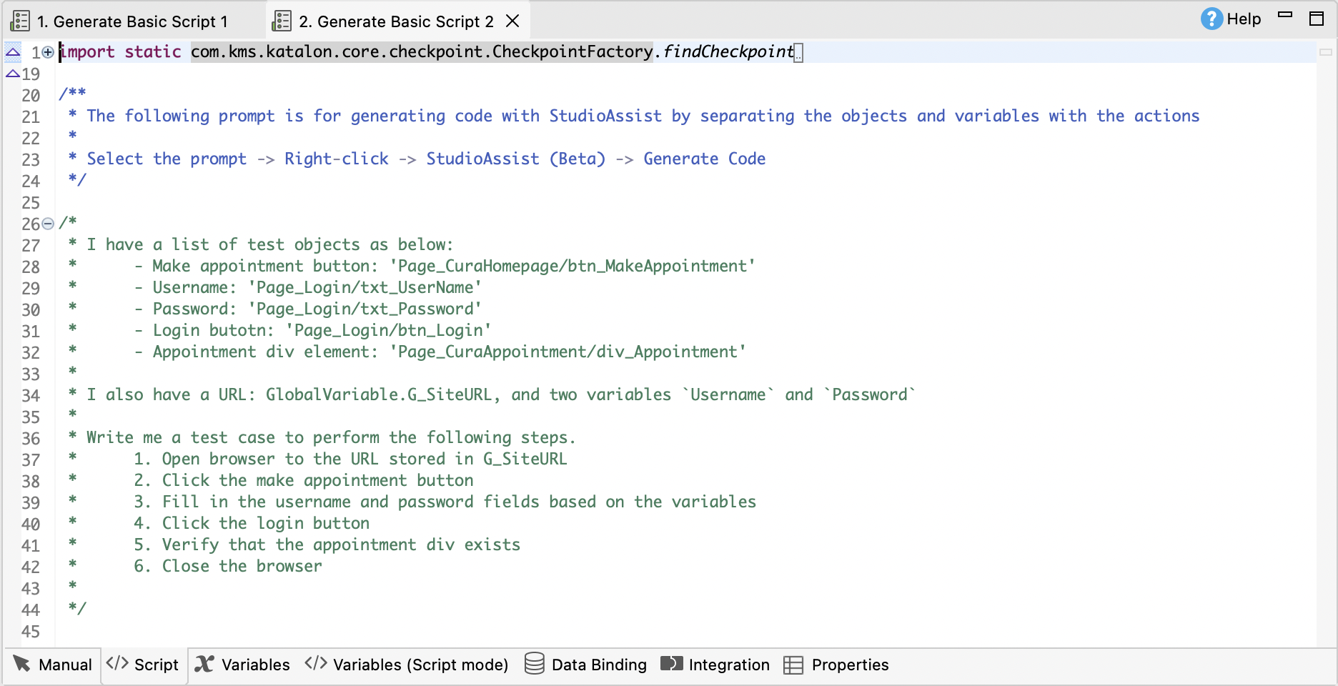 The Generate Basic Script 2 test case in Katalon Studio.