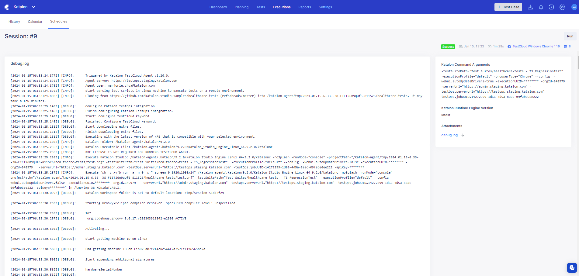 A session log page from clicking a session ID.