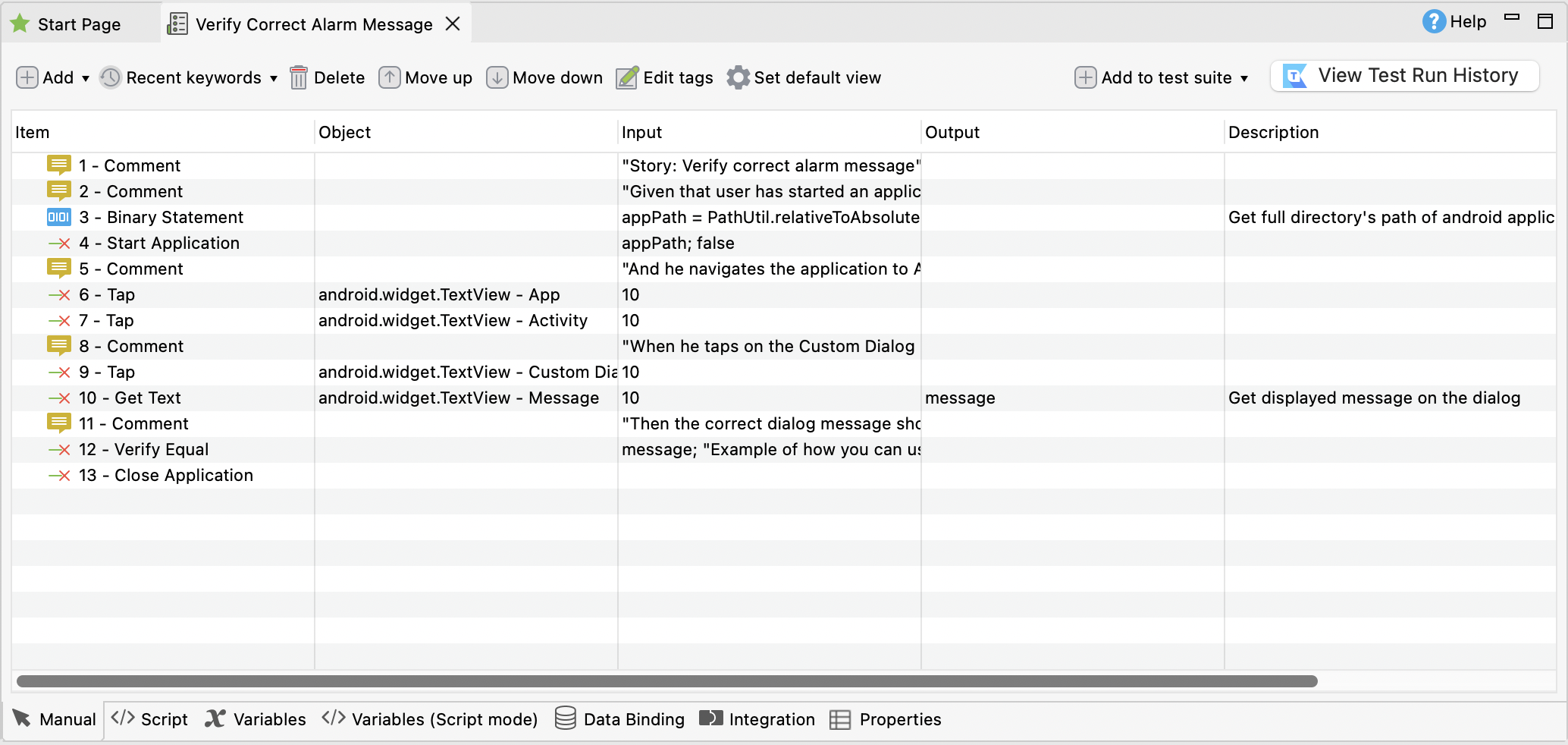 The Test Case Editor in Manual view.