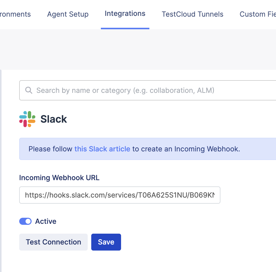 Incoming webhook url section in Katalon TestOps