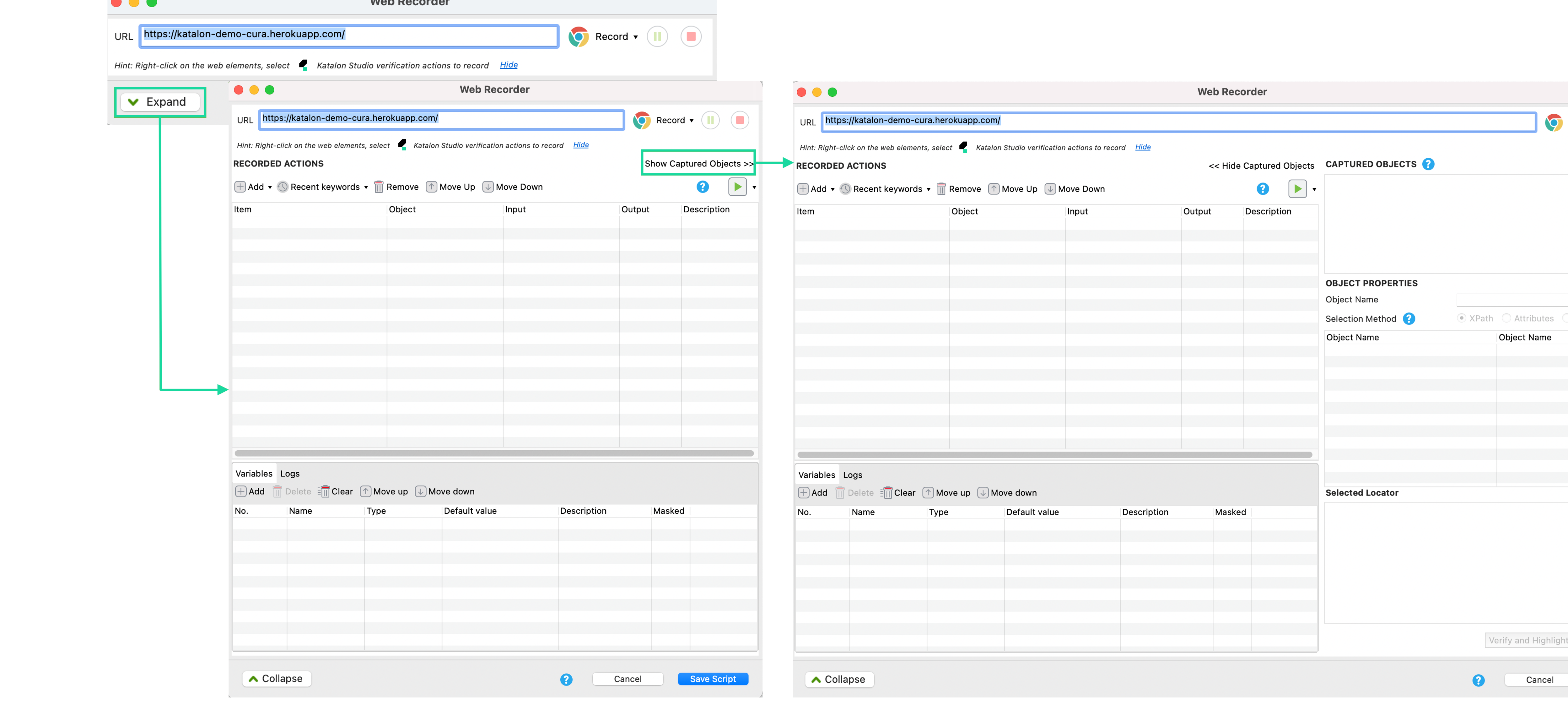 Expand Web Recorder dialog