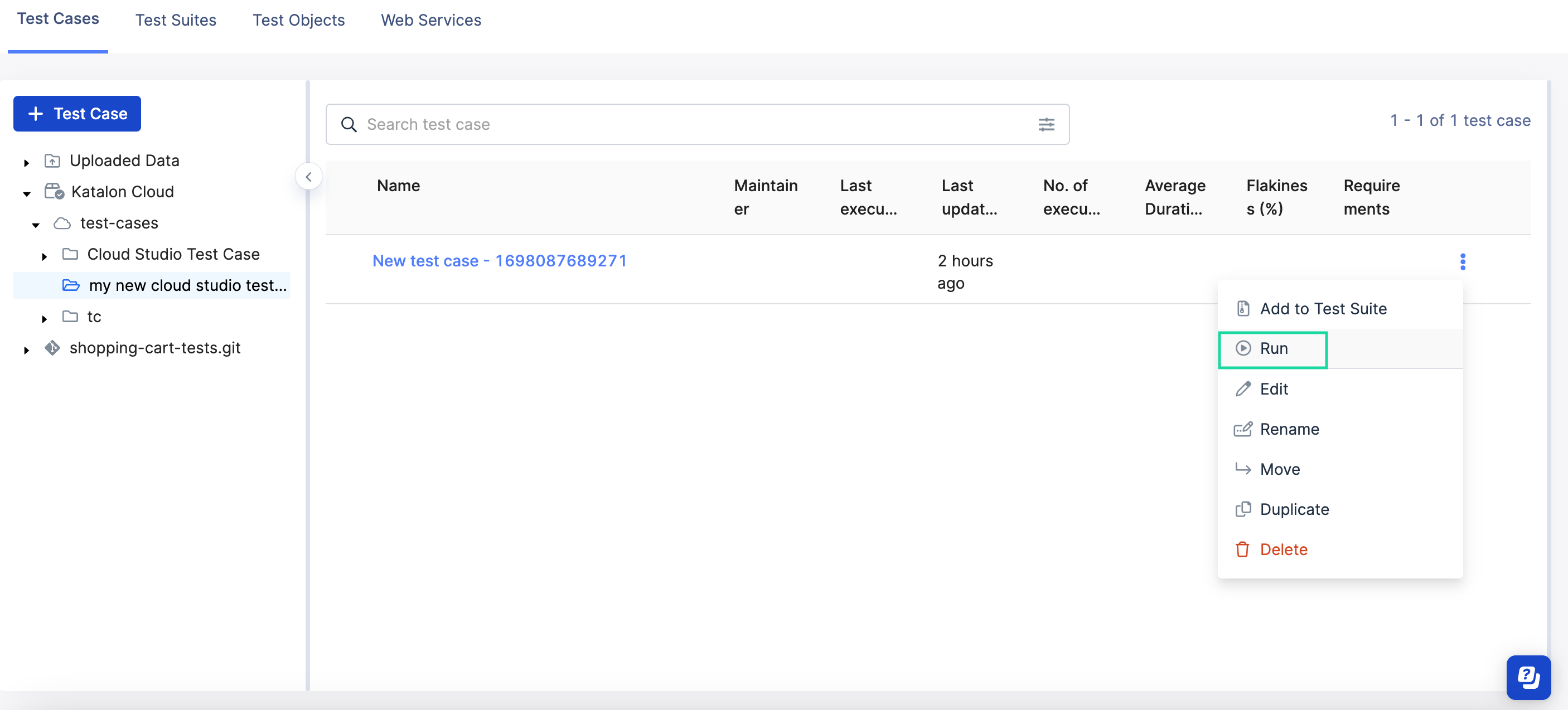 A test case's dropdown menu in Katalon Cloud Studio.