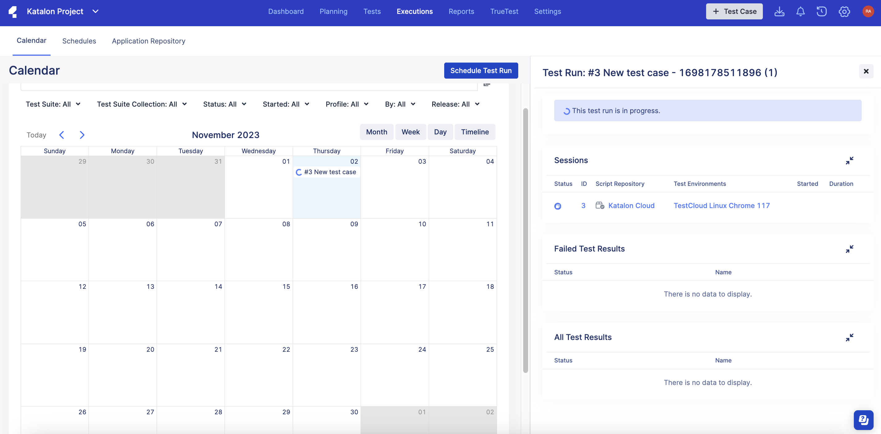 View test run in progress in Executions > Calendar tab.