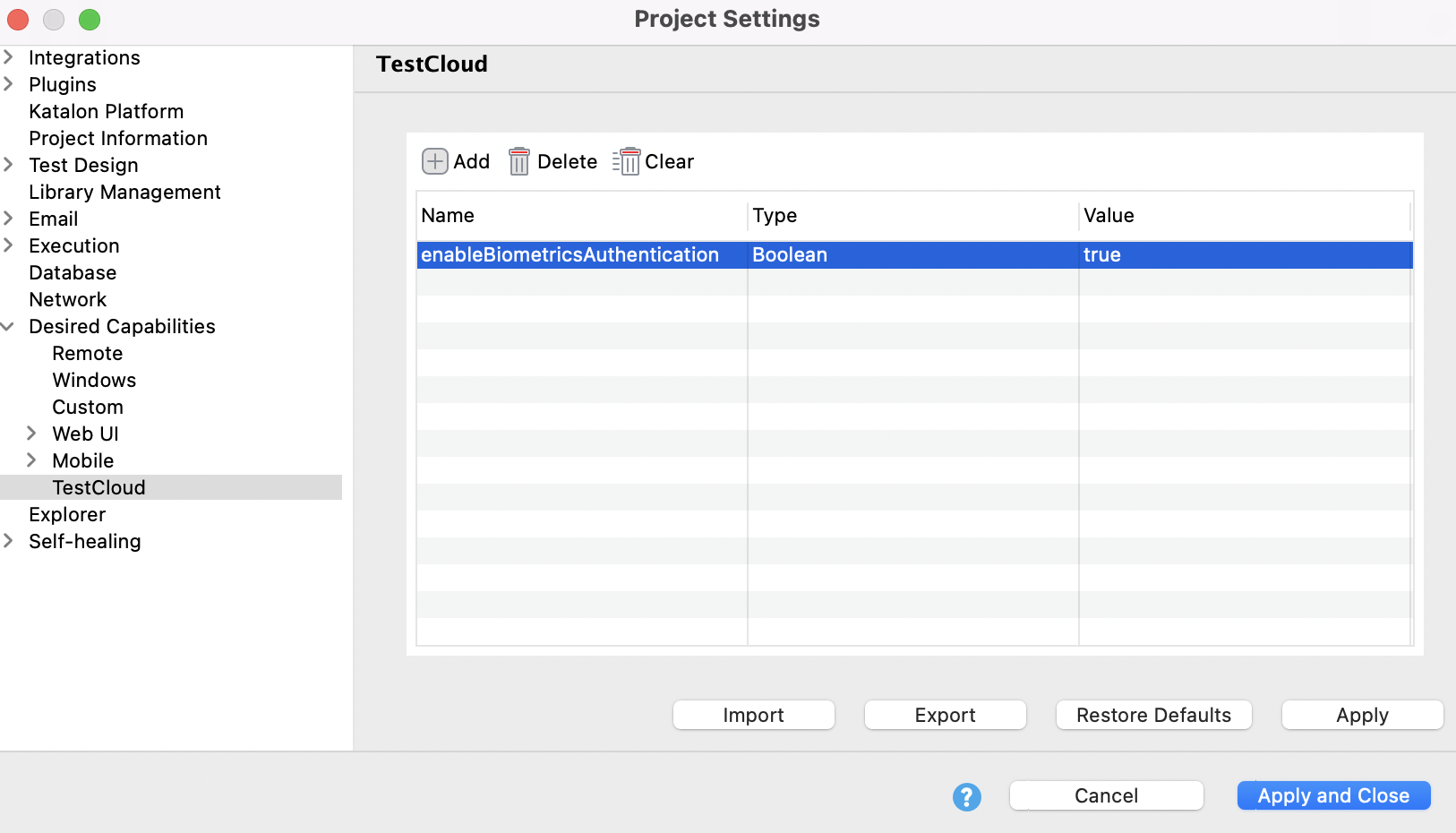 Go to Project Settings > Desired Capabilities >. TestCloud.