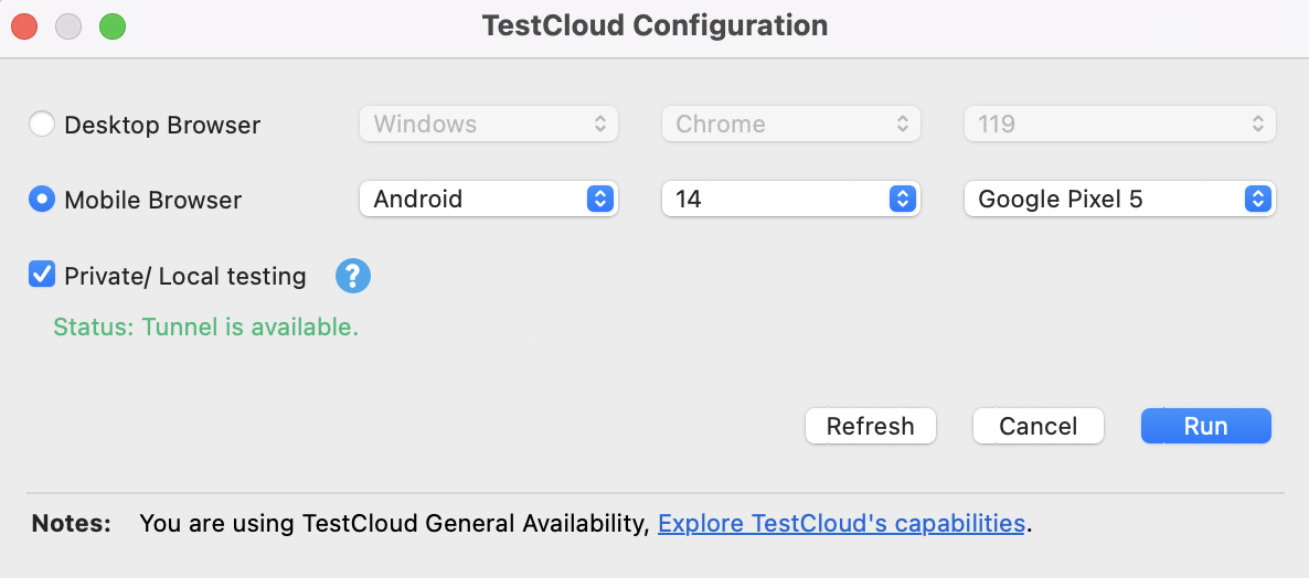 Katalon Studio - TestCloud Configuration dialog - TestCloud Tunnel available