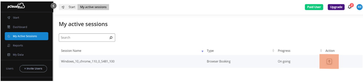 pCloudy - My active sessions