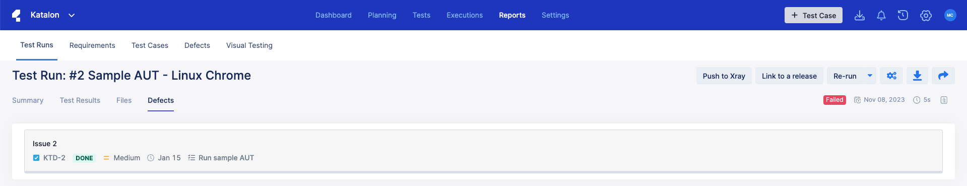 Defects related to a test run.