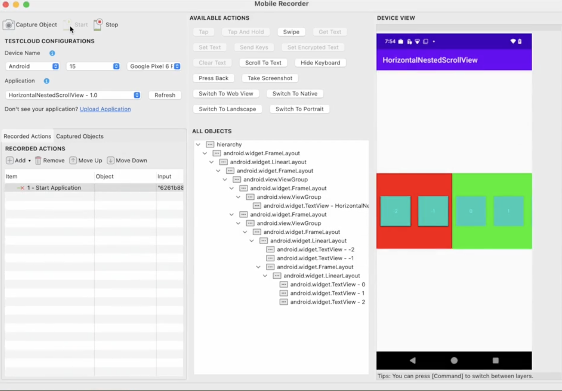 Mobile Recorder window is displayed. Your mobile application is now ready for testing using your TestCloud device.