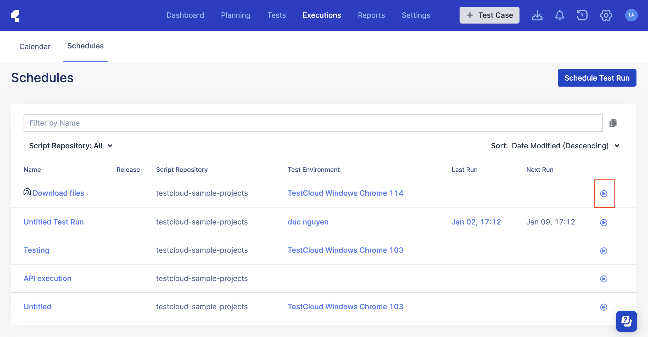 TestOps Schedules list