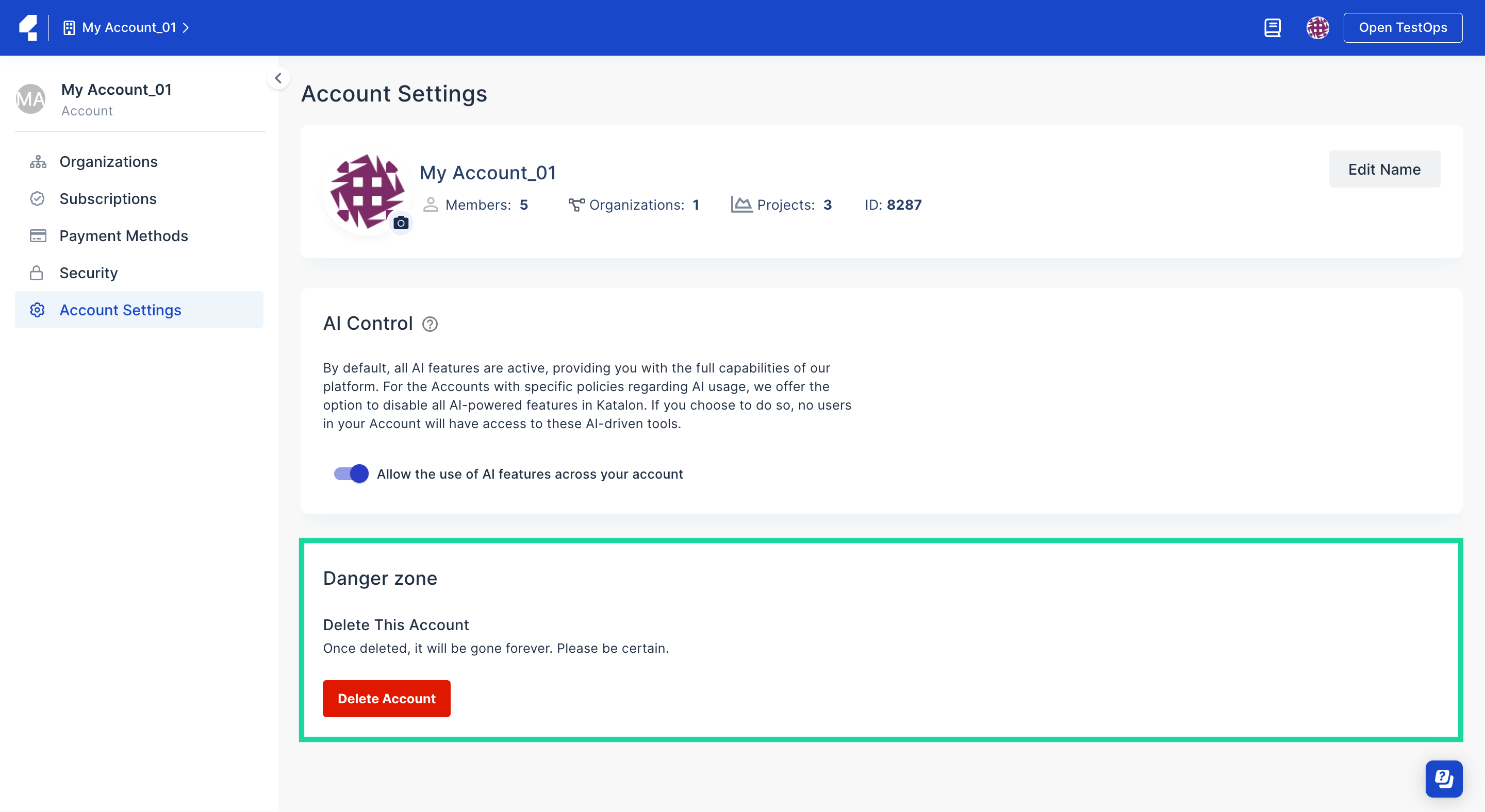 Account settings in Katalon TestOps.