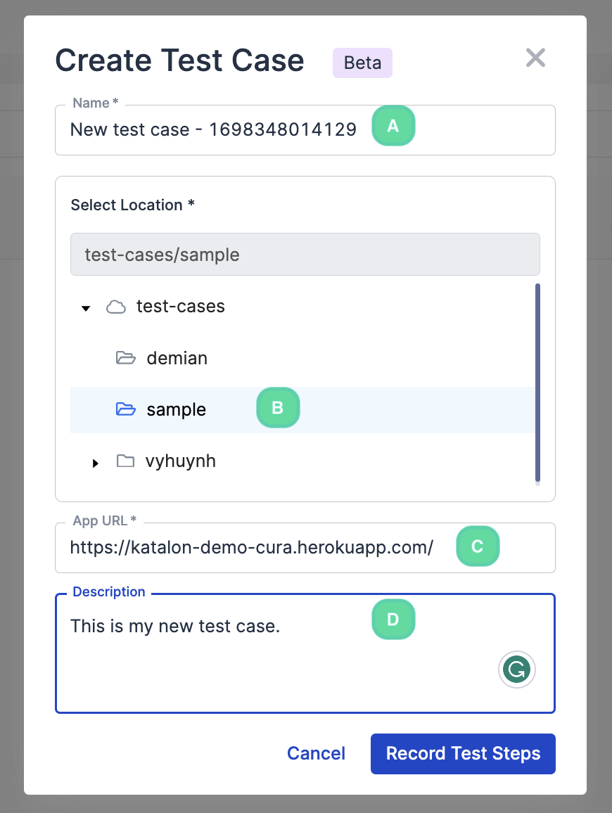 Provide your test case properties.