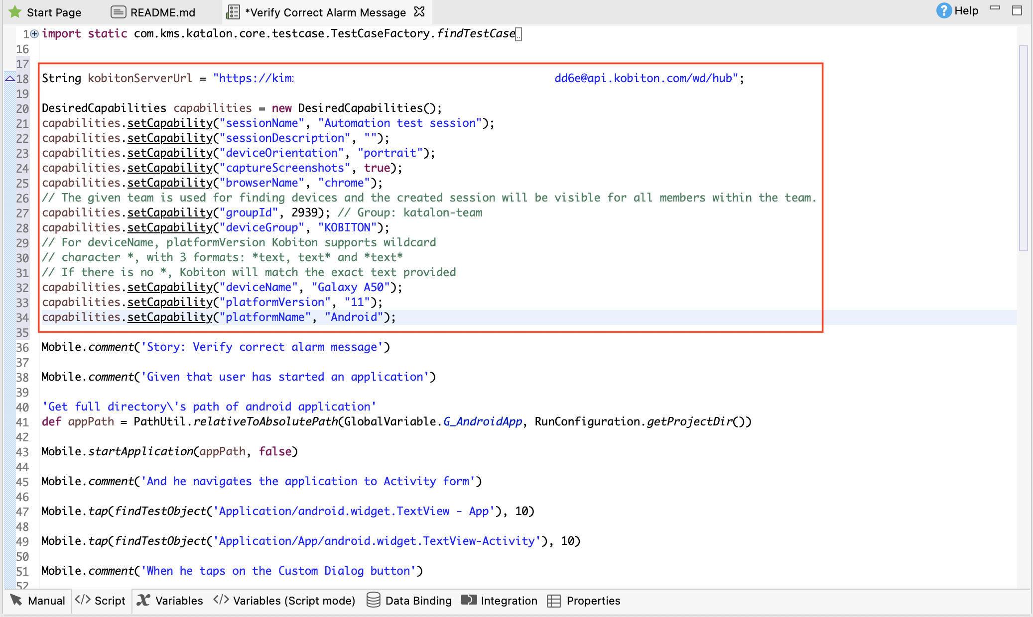 Paste Kobiton device desired capabilities to Katalon Studio test script