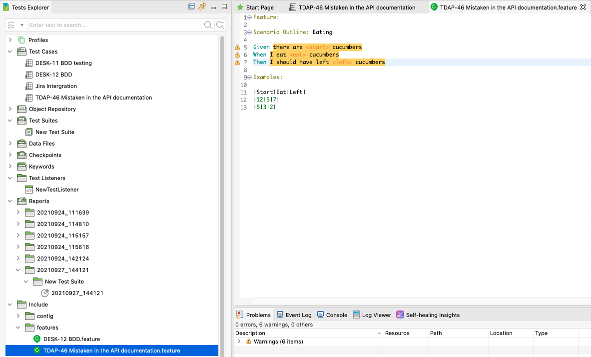 Results after importing BDD feature file