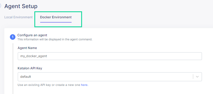 The Docker Environment tab within Agent Setup in Katalon TestOps.