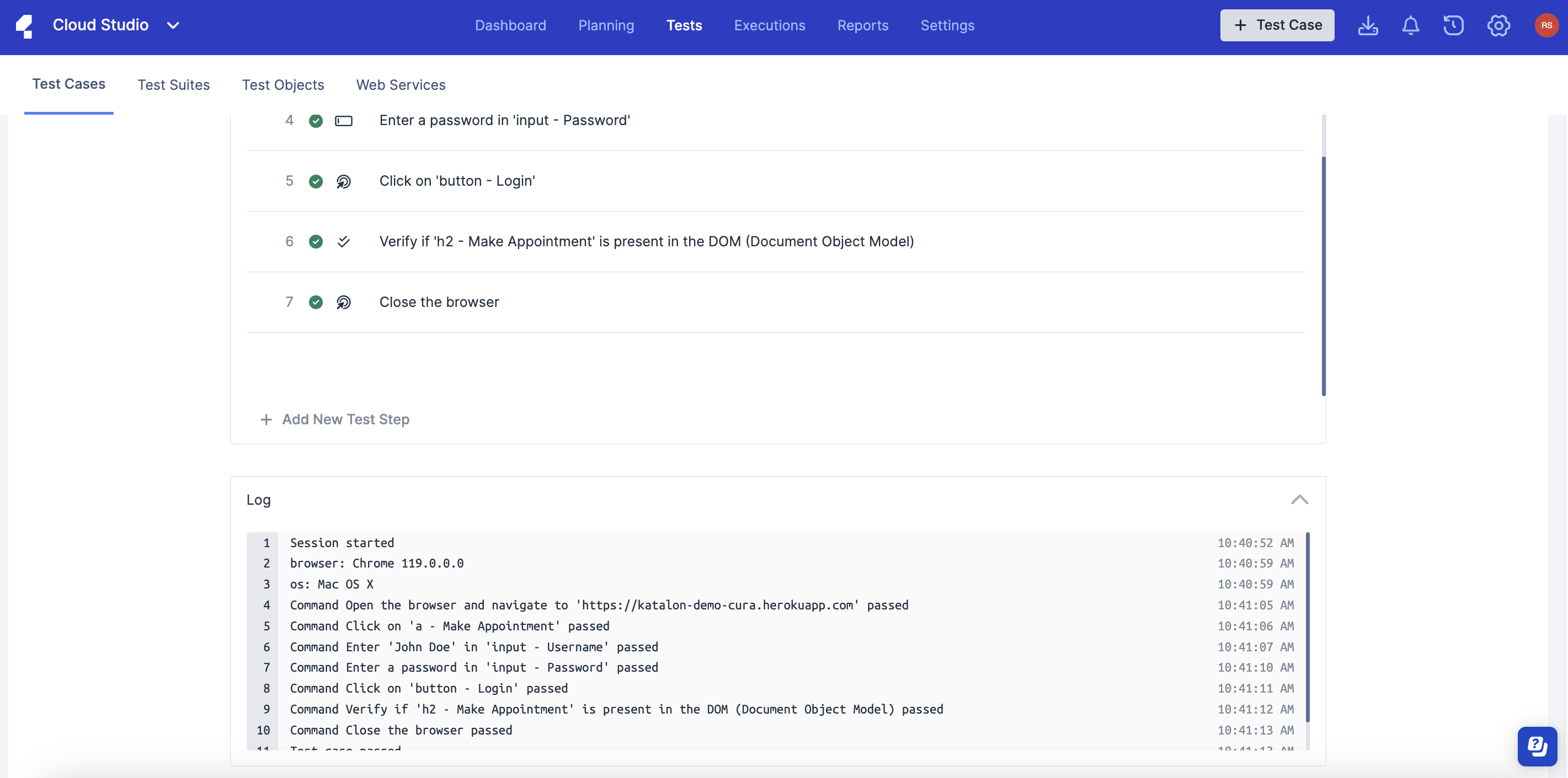 View execution log of a test case.