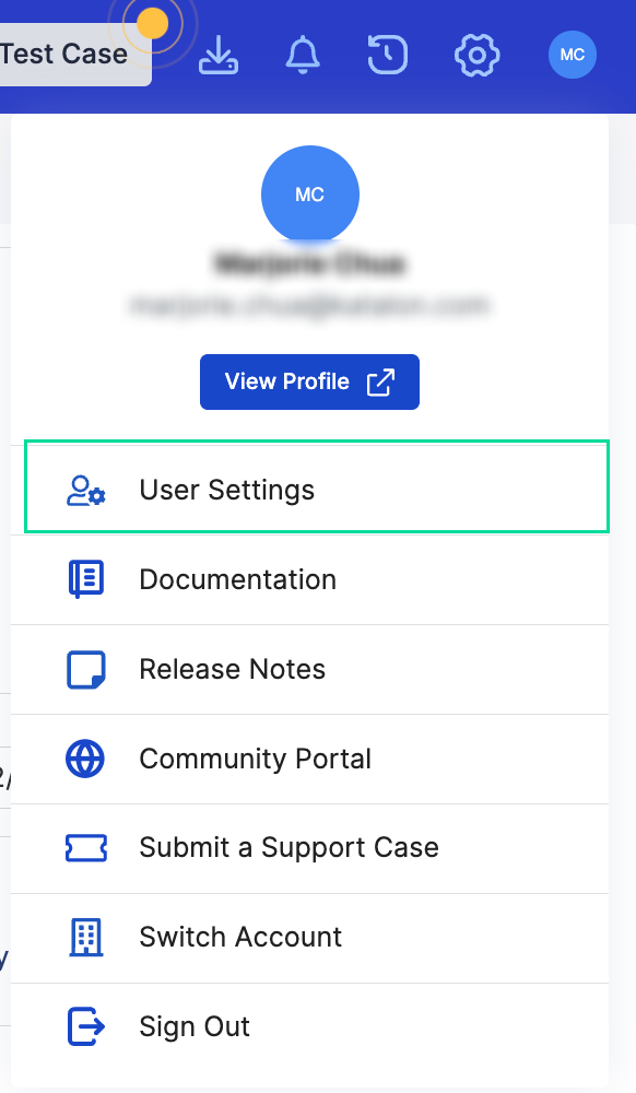 TestOps settings dorwdown menu.