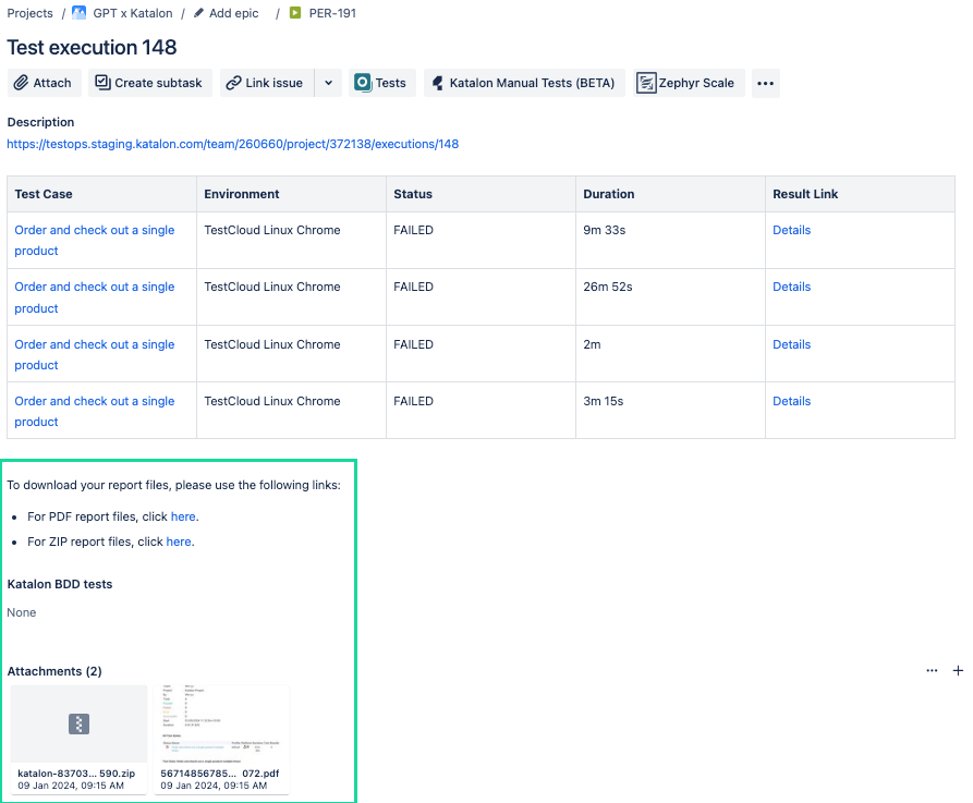 The PDF and ZIP reports in Jira/Xray.