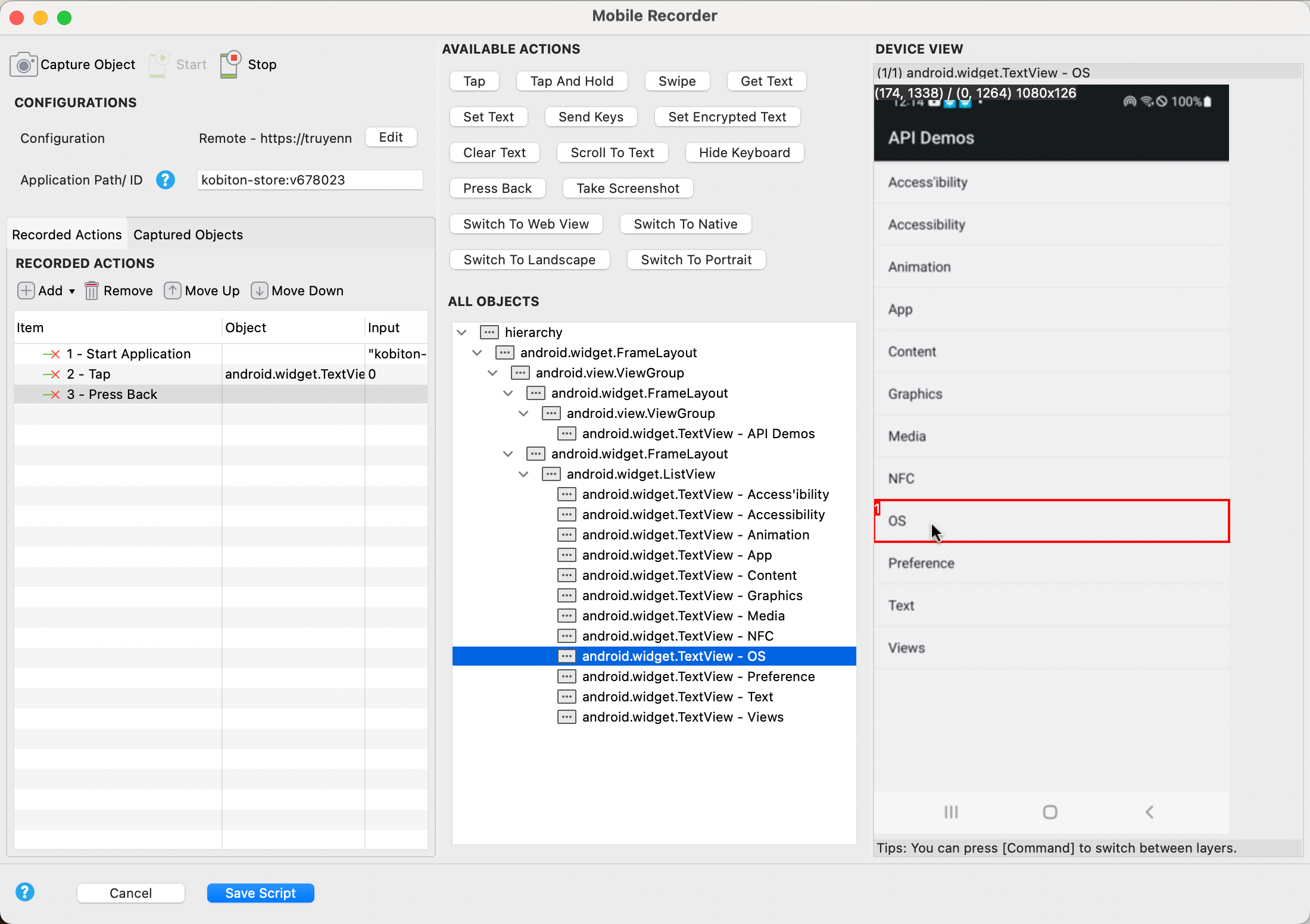 Perform test actions in Device View and All Actions section.