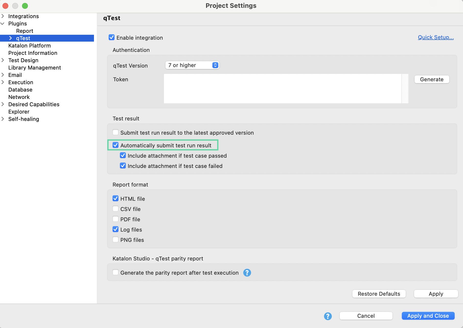 qTest options in Project Settings dialog