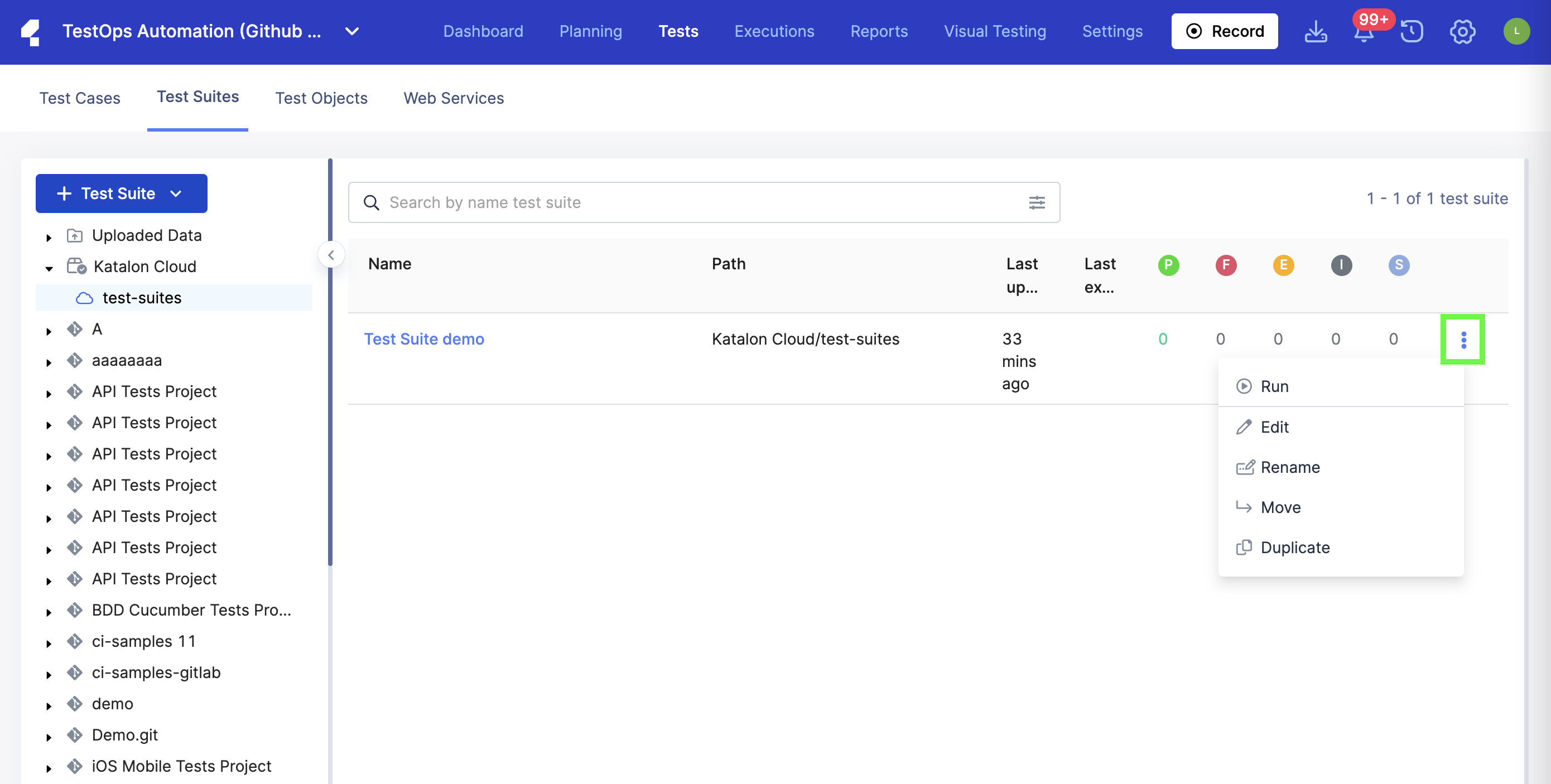 Katalon Cloud test suite action menu