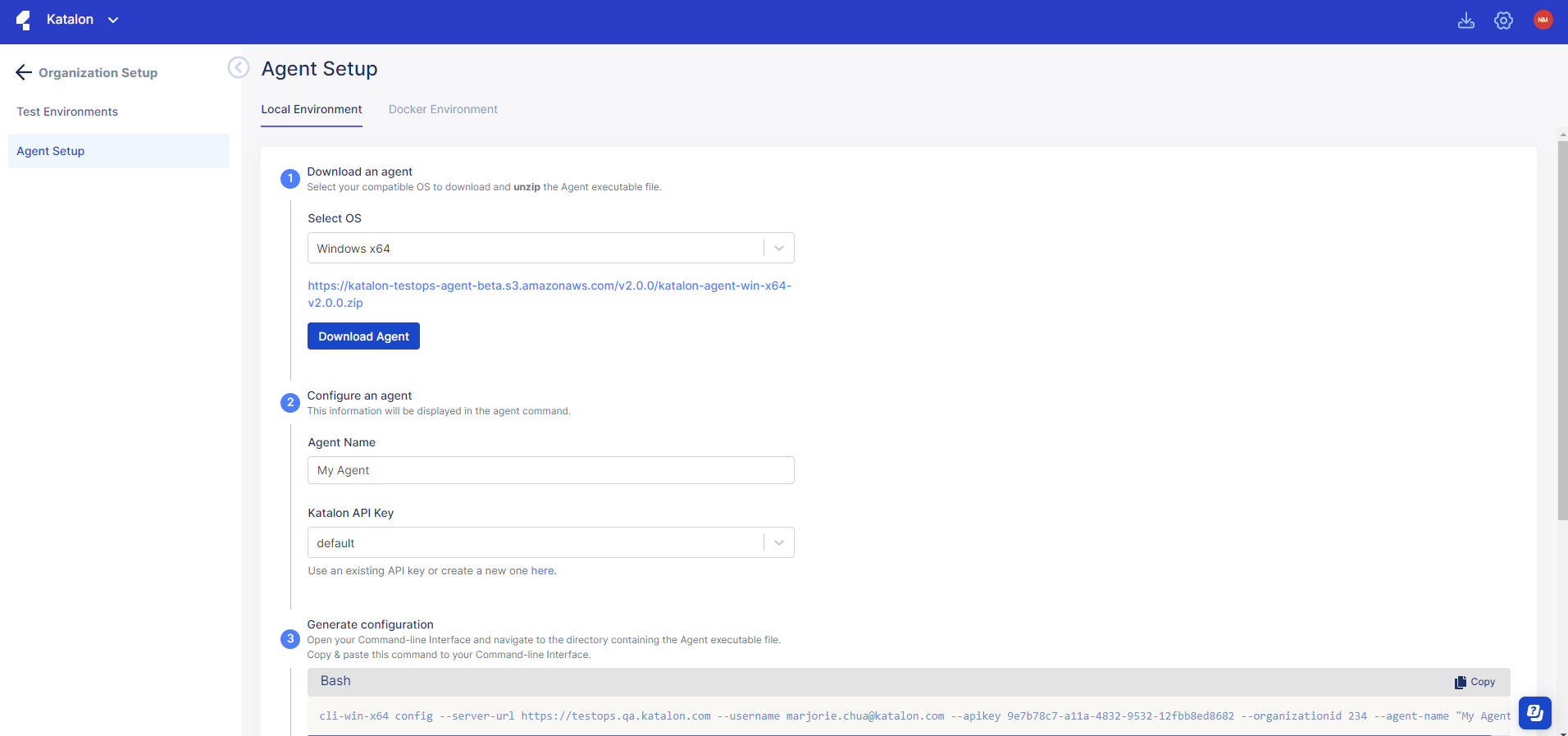 The Agent setup page in Katalon TestOps.