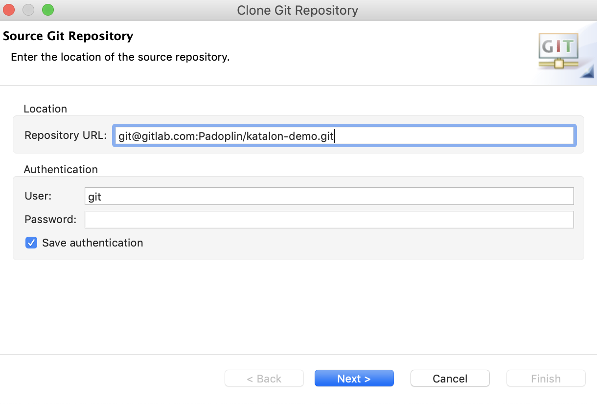 Clone Git repo dialog