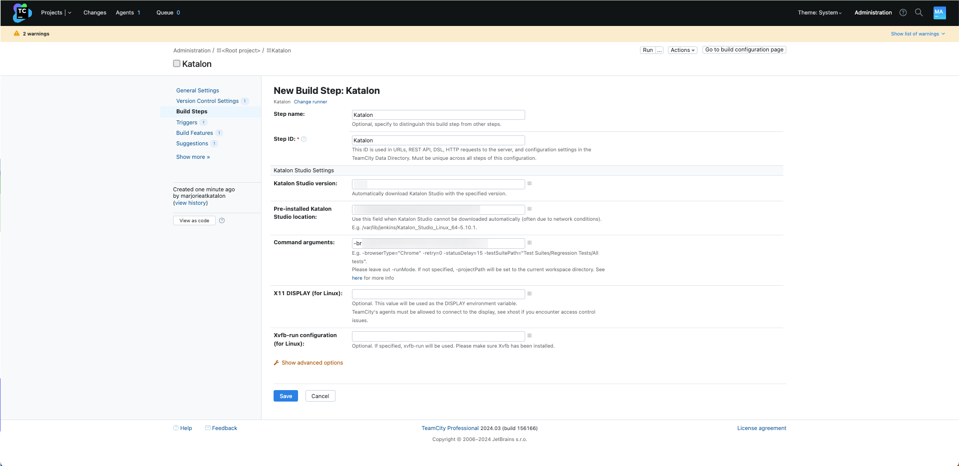 Configuring a new Build Step with the Katalon plugin.