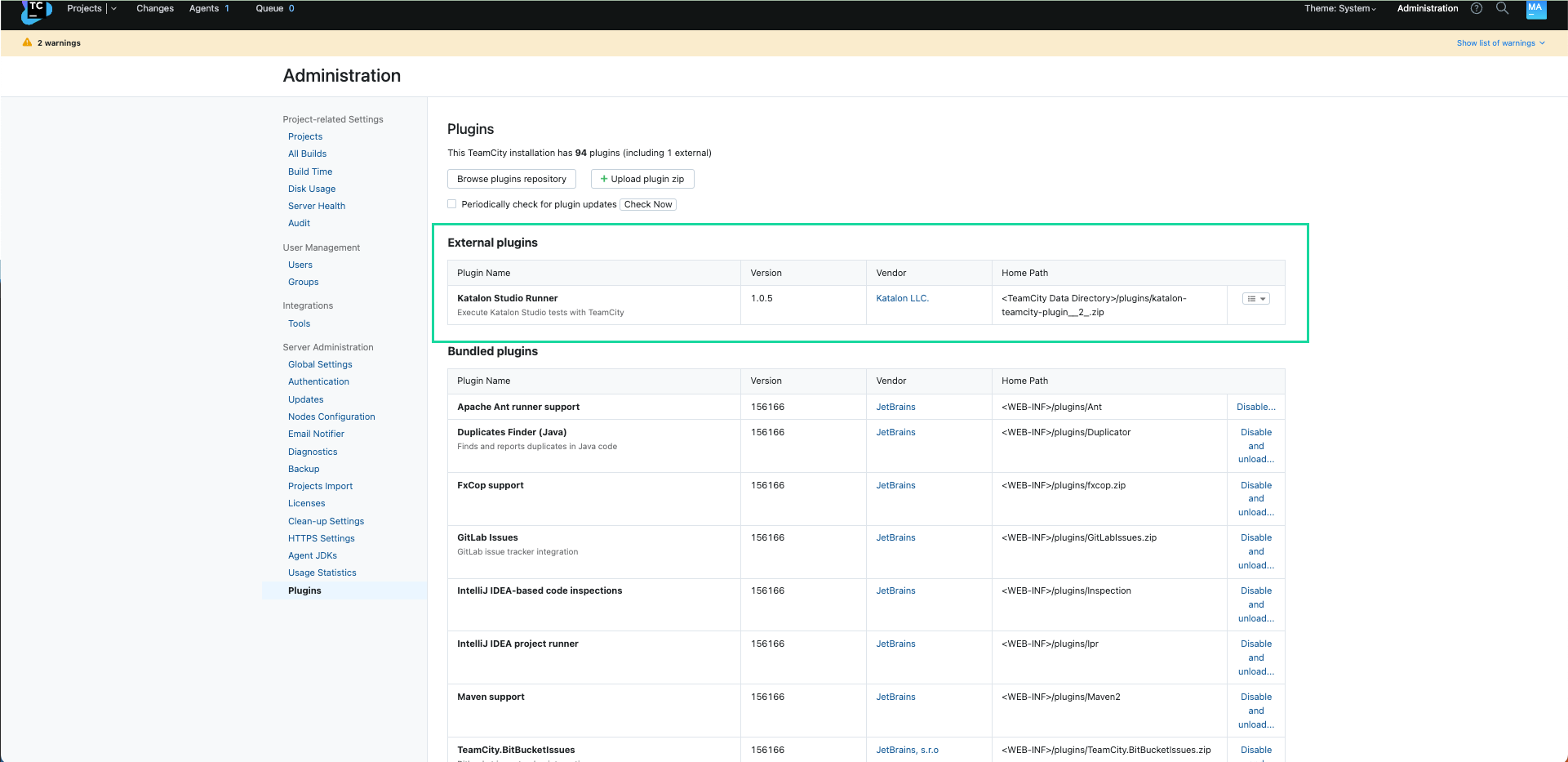 The external plugins section within the administration section of TeamCity.