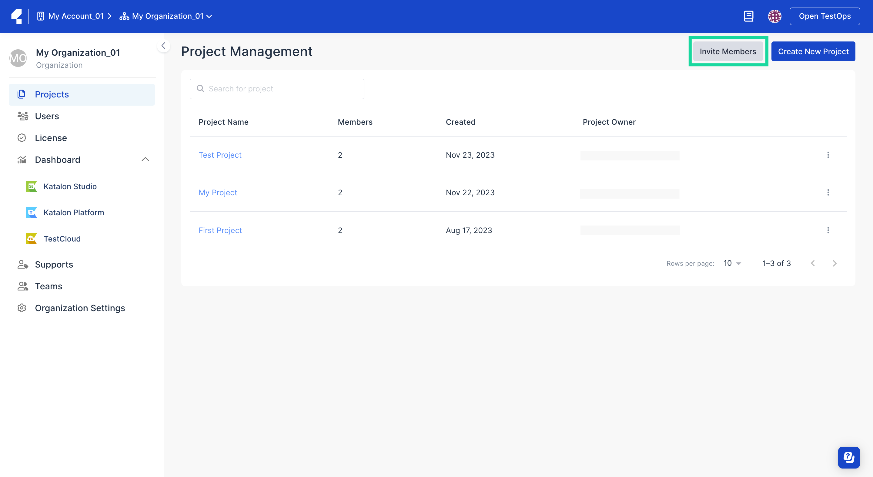 Project Management page