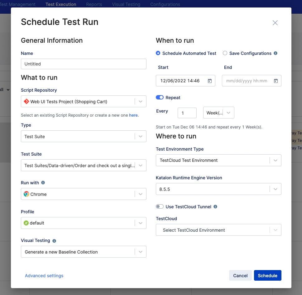 Schedule Test Run dialog