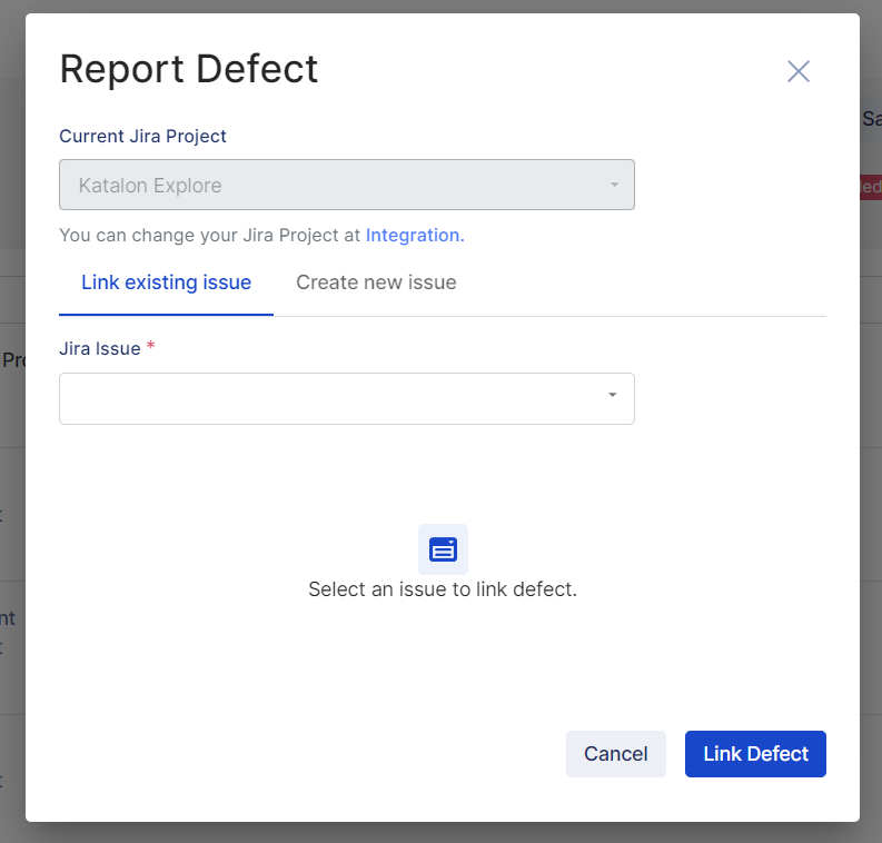 The Report Defect pop up in Katalon TestOps.