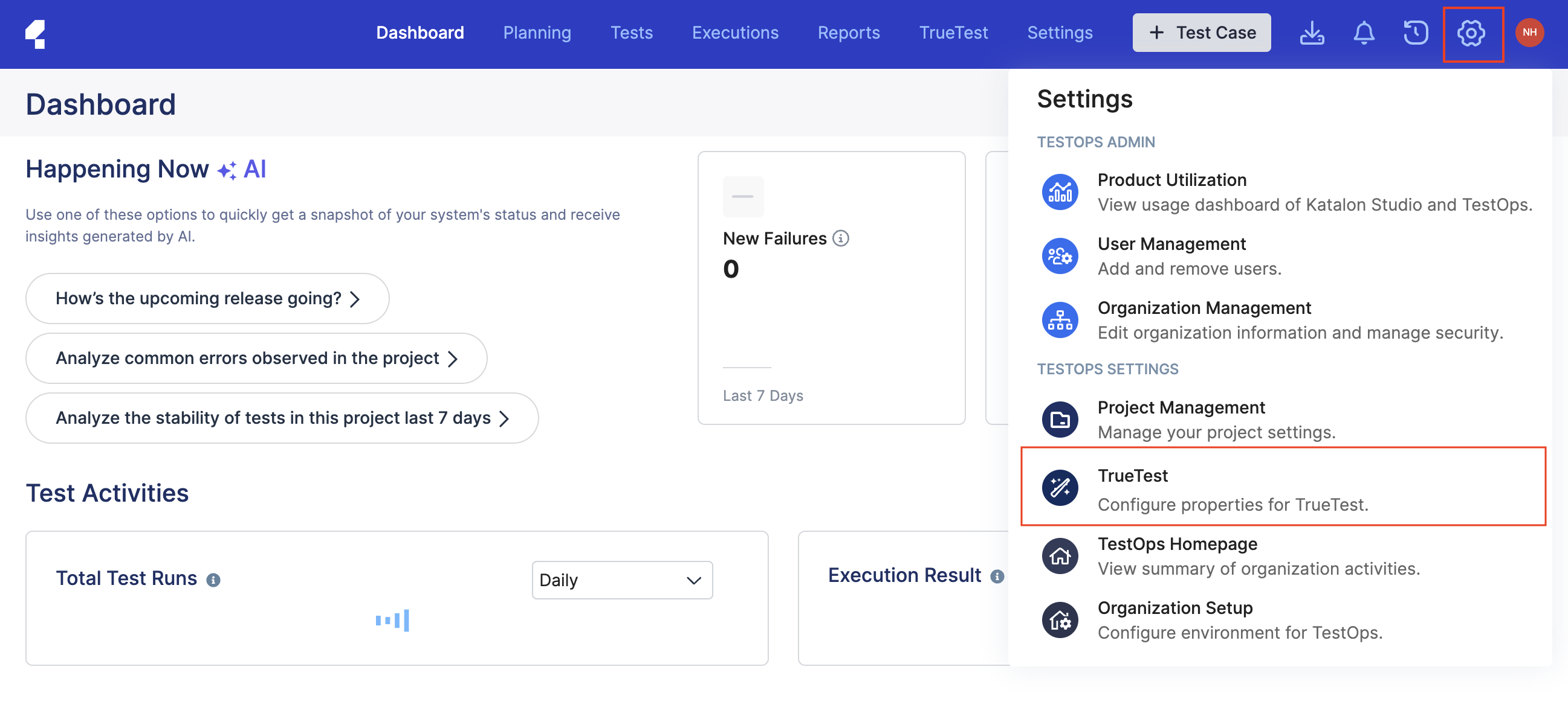 TestOps Settings > TrueTest