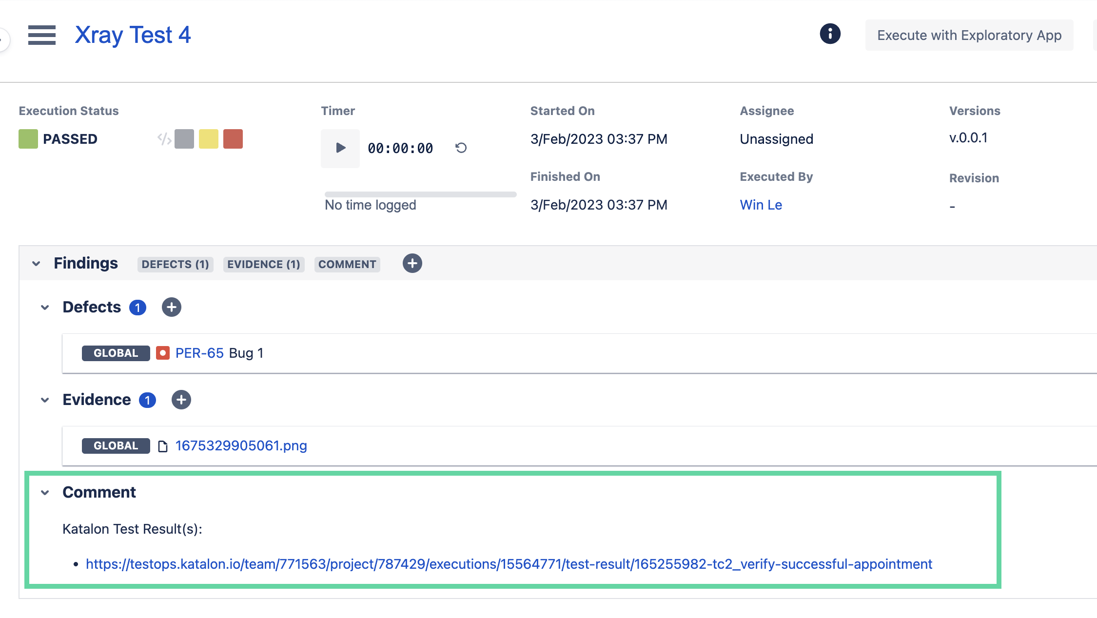 Xray test contains URL to Katalon test result